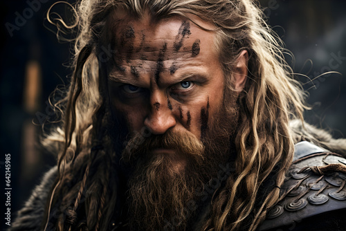 A Portrait of Fearless Powerful Warrior Viking man face with blood marks 
