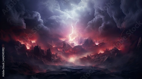 Picture a majestic powerful strong nature, lightning and stormy sky, epic scene. Background, wallpaper. Generative AI