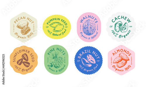 Colourful stickers template set with hand drawn nut illustrations