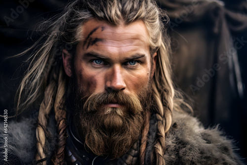A Portrait of Fearless Powerful Warrior Viking man face with blood marks 
