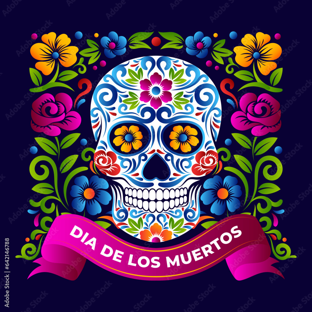 Dia de Muertos Skull with vibrant color mexican Ornament design Dia de Muertos Skull with vibrant color mexican Ornament design