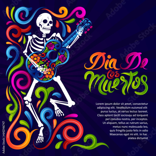 Dancing skeleton with guitar, Dia de Muertos Skull with vibrant color mexican Ornament design