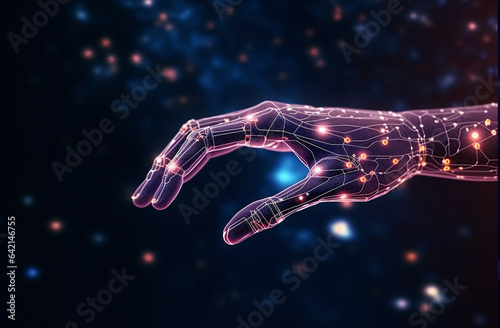 Hand of robot over beautiful deep blue, pink and orange abstract background. Future, new technologies, intermet, IT concept, AI generated photo