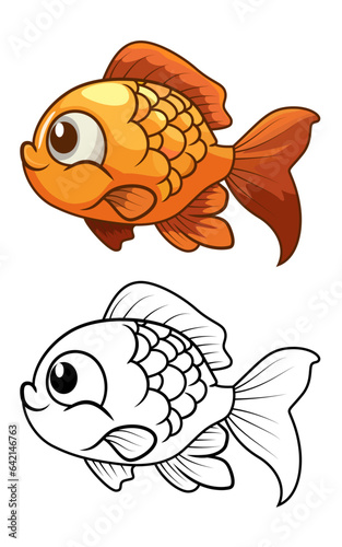 Goldfish cartoon vector illustration, Golden fish Carassius auratus fish , fresh water aquarium fish colored and black and white stock vector image