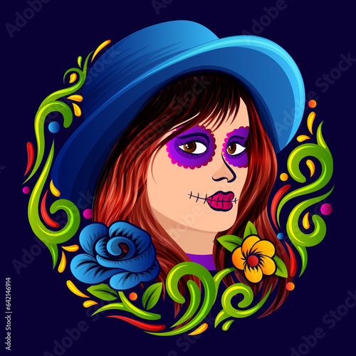 Catrina La Calavera badge, Dia de los muertos woman Sugar skull Vector