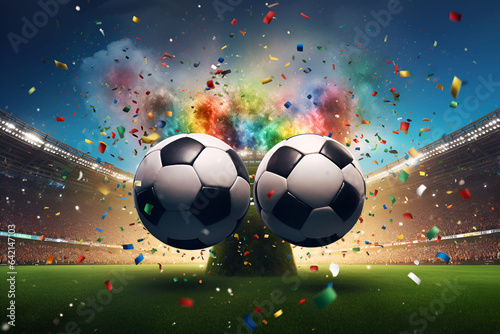 Two soccer balls on the green football field with confetti and jubilant stadium.