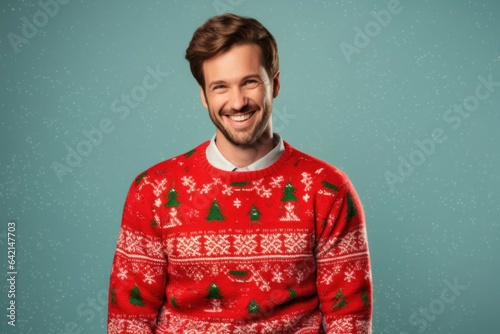 Portrait of a Fictional Guy Wearing a Festive Pullover for Christmas. Isolated on a Plain Colored Background. Generative AI.