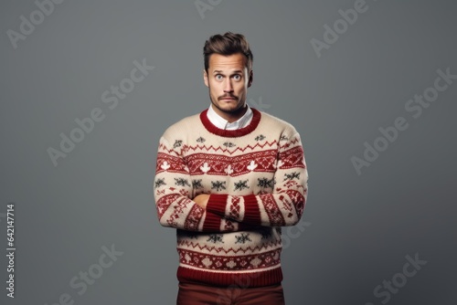 Portrait of a Fictional Person Wearing a Festive Pullover for Christmas. Isolated on a Plain Colored Background. Generative AI.