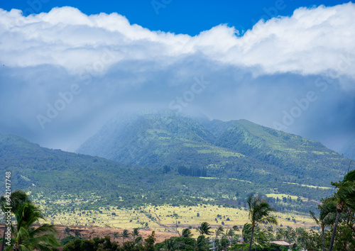 The West Maui Mountains sit still as clouds roll in from the coast and palm tress bend in high winds