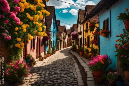 Quaint village road adorned with colorful houses and blooming flowers - AI Generative