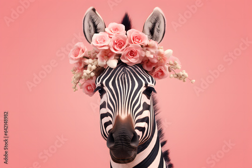 Zebra with flowers on head and strong pink pastel background.