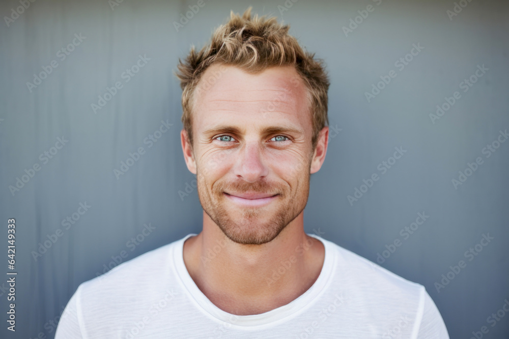 Blonde 40 year old man in white t-shirt standing against a grey wall. Blonde 40 year old man in white t-shirt standing against a grey wall.