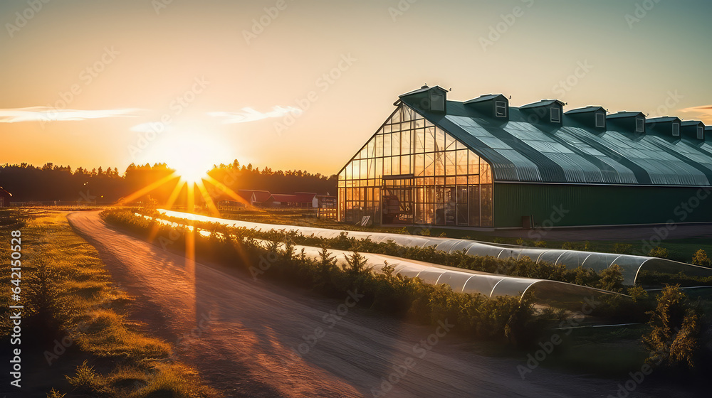 Beautiful modern farm with a greenhouses, sunset. Glass large greenhouse for gardening.  - obrazy, fototapety, plakaty 