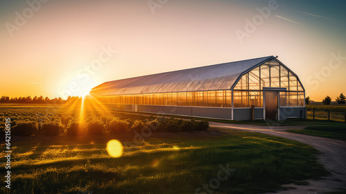 Valokuva Beautiful modern farm with a greenhouses, sunset