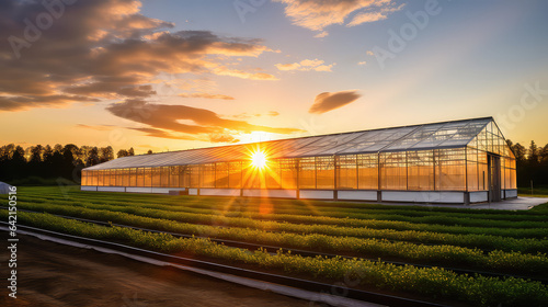 Beautiful modern farm with a greenhouses, sunset. Glass large greenhouse for gardening.  © IndigoElf