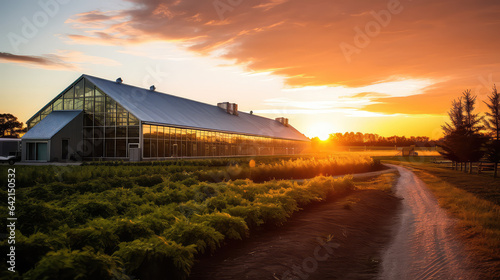 Beautiful modern farm with a greenhouses  sunset. Glass large greenhouse for gardening. 