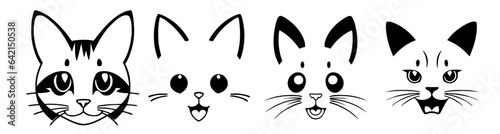 Set cats with different faces drawn in black and white ink on a white background, with a black outline of the cats heads, smooth and clean vector curves, vector art, furry art. Cartoon avatar.