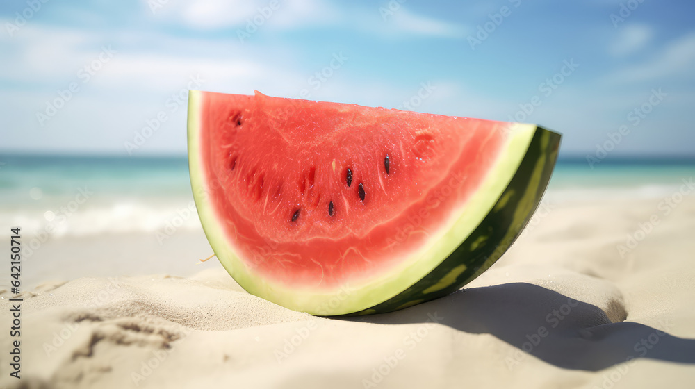 Ripe Watermelon Slice on a Tropical white sand Beach seashore. Ripe Watermelon Slice on a Tropical white sand Beach seashore.