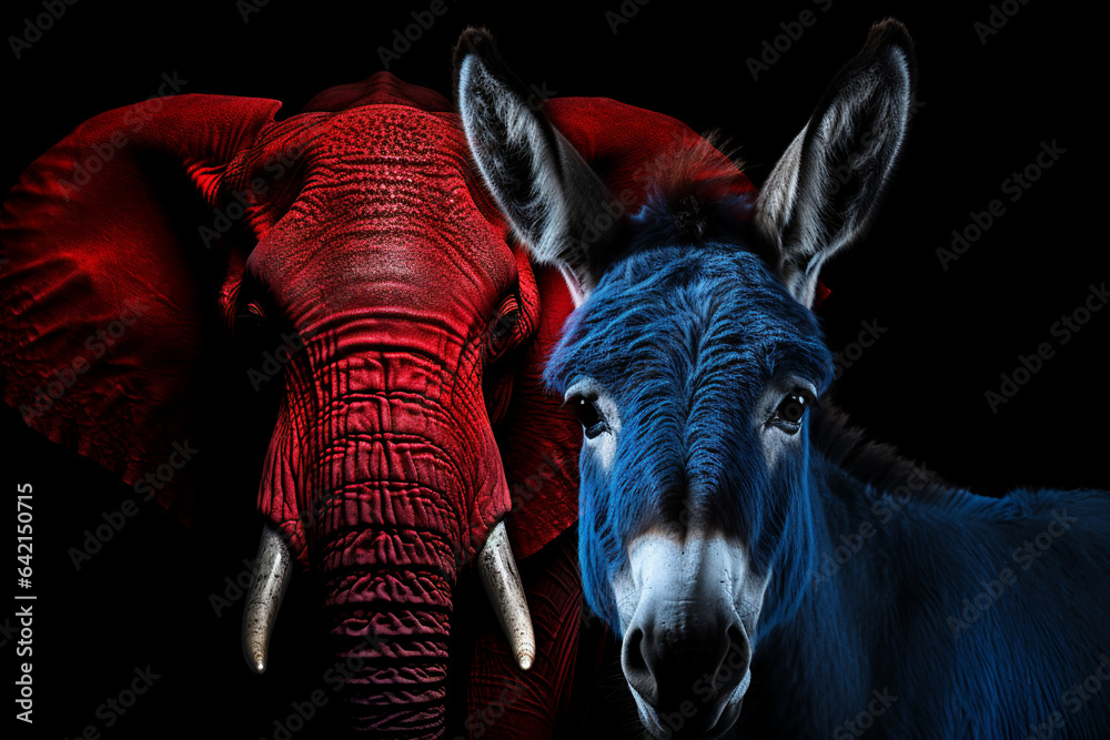 Obraz premium blue donkey and red elephant on a black background - democrats and republicans