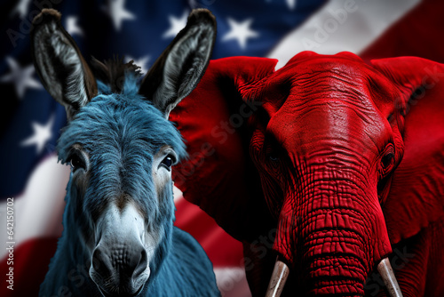 blue donkey and red elephant on a US flag background - democrats and republicans photo