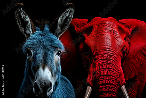 Fotografia blue donkey and red elephant on a black background - democrats and republicans