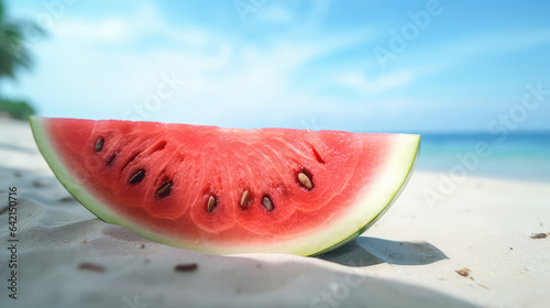 Ripe Watermelon Slice on a Tropical white sand Beach seashore. 
