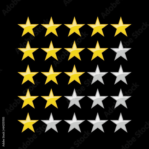 Rating sticker icon with five gold stars on a white background. Flat design