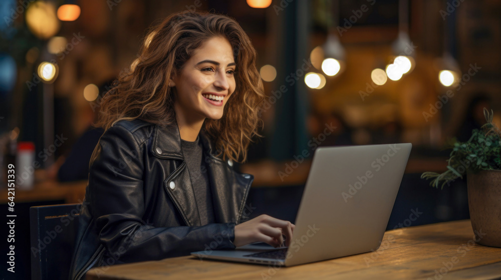 Young caucasian brunette girl use laptop in cafe. Female online business co-working. Woman texting and writing on keyboard Young caucasian brunette girl use laptop in cafe. Female online business co-working. Woman texting and writing on keyboard