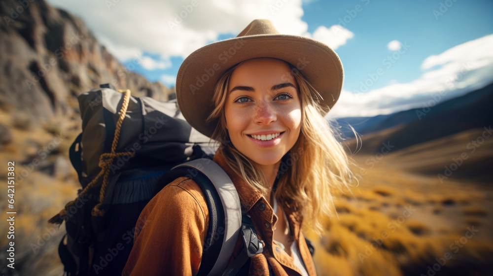 Female tourist on the nature. Woman traveler. Happy and smiling young girl on the mountains background. Blonde in a hat