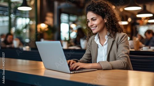 Young caucasian brunette girl use laptop in cafe. Female online business co-working. Woman texting and writing on keyboard