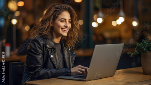 Young caucasian brunette girl use laptop in cafe. Female online business co-working. Woman texting and writing on keyboard