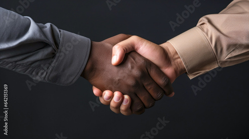 Handshake black and white hand. No racism caucasian human. Interracial concept on the black background isolated