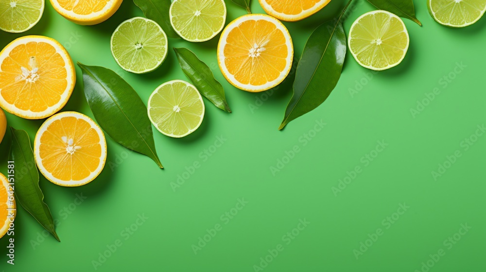 Overhead view of limes, oranges, and leaves on mint green background Overhead view of limes, oranges, and leaves on mint green background