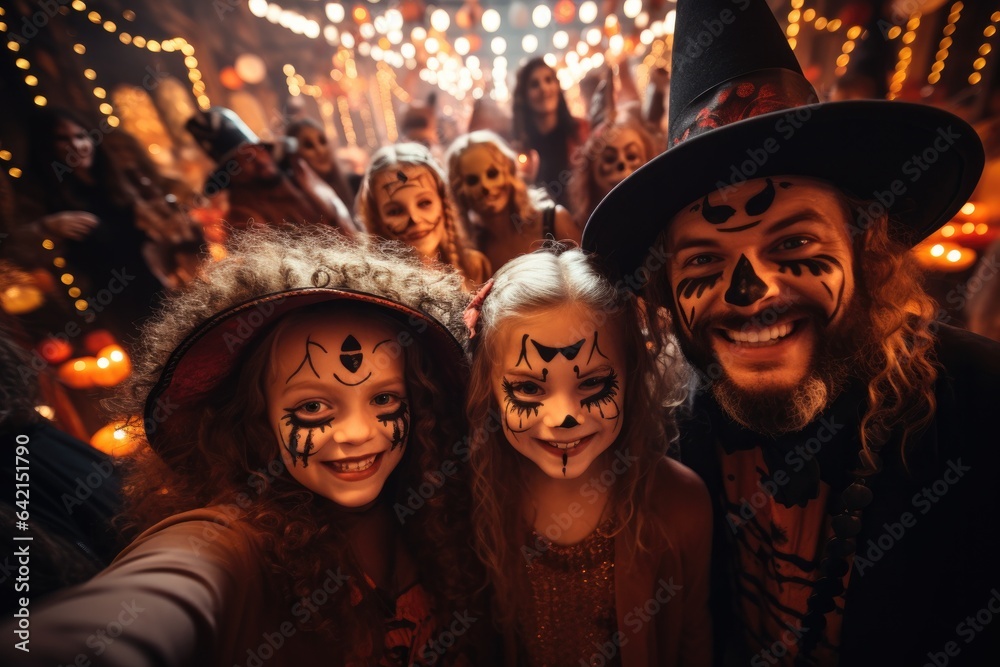 Family with Halloween costumes taking selfie on a party, celebrating with friends at a halloween party.