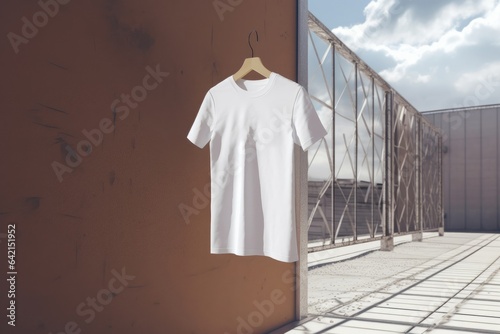 White T-shirt on a hanger on a background of wooden wall © paulcannoby