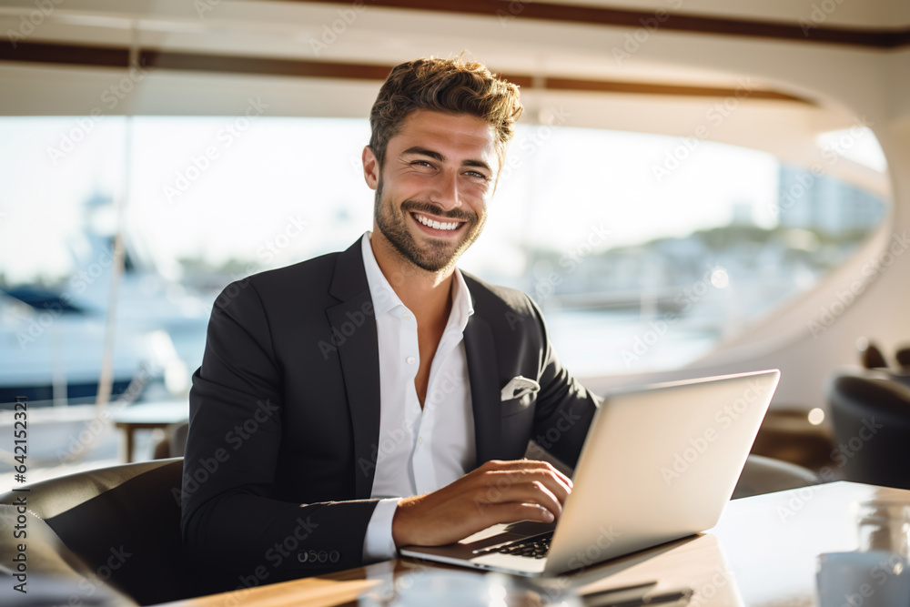 Fototapeta premium A businessman working on a laptop on the yacht.