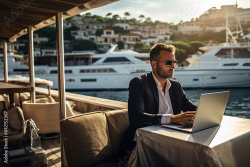 A businessman working on a laptop on the yacht. © Stock Rocket