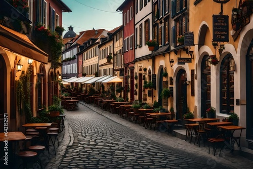 Street in a historic European town, lined with charming cafes - AI Generative © Being Imaginative