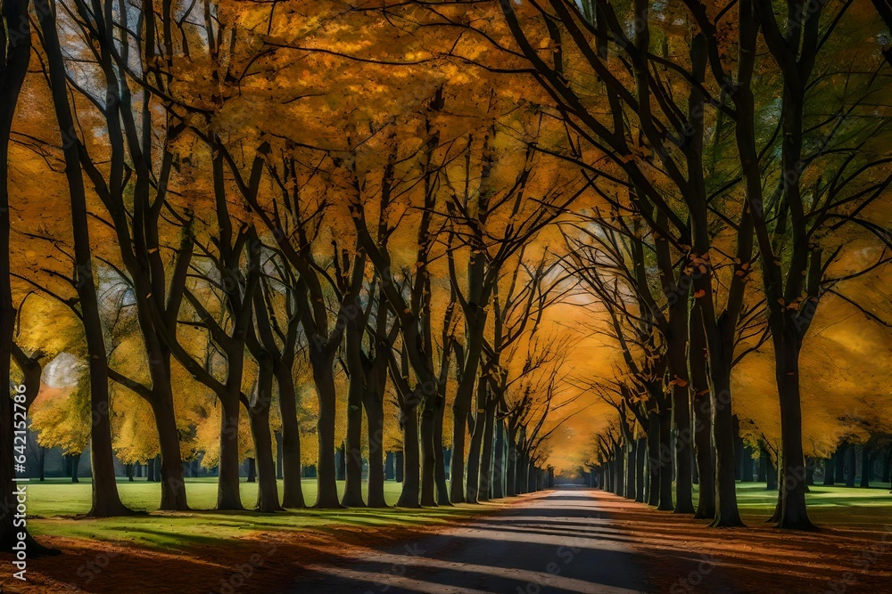 Tree-lined avenue with a canopy of colorful leaves overhead - AI Generative