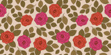 Seamless floral pattern with autumn roses in retro style, lineart.