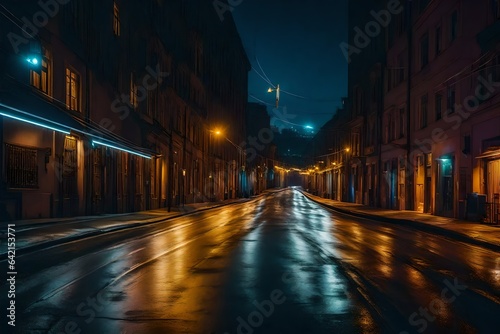 Urban street at night, illuminated by vibrant city lights - AI Generative