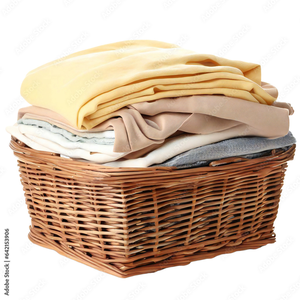 Obraz premium Pile of folded clean clothes in a wicker basket isolated on white transparent background 