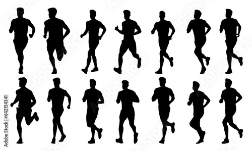 set silhouettes of people running pose. man jogging