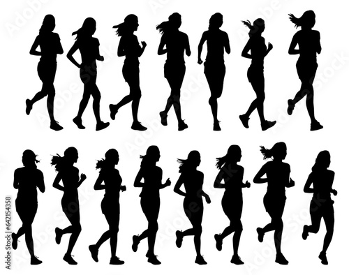 set silhouettes of people running pose. woman jogging