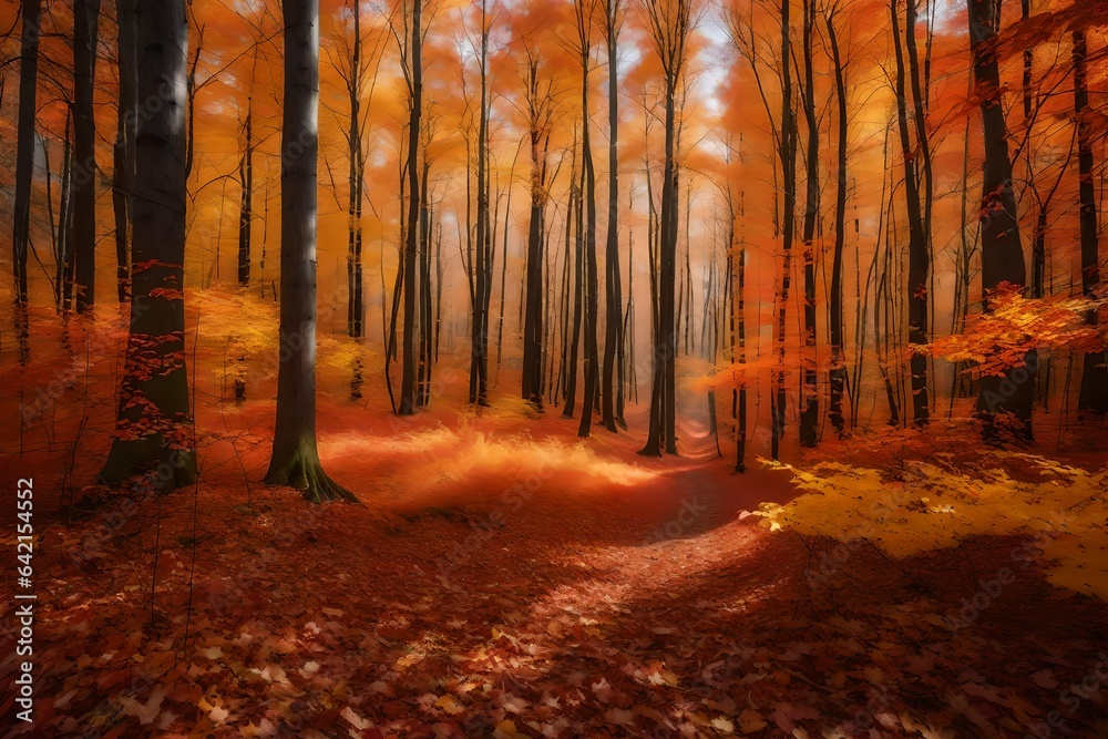 Fototapeta premium Vibrant and colorful autumn forest, with trees ablaze in shades of red, orange, and yellow - AI Generative