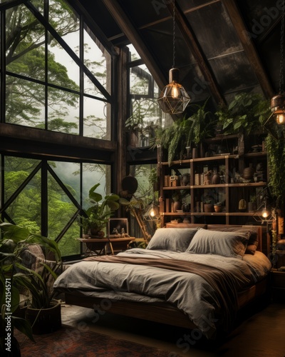 Photo of a cozy jungle bedroom with a bed positioned next to a window created with Generative AI technology