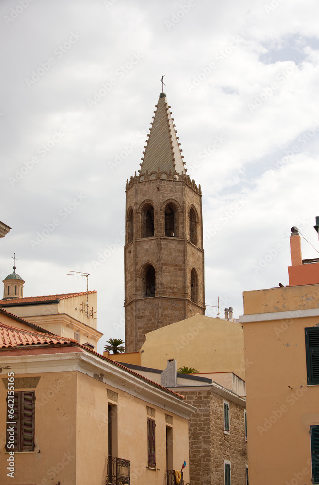 Top of church bell tower in Italy