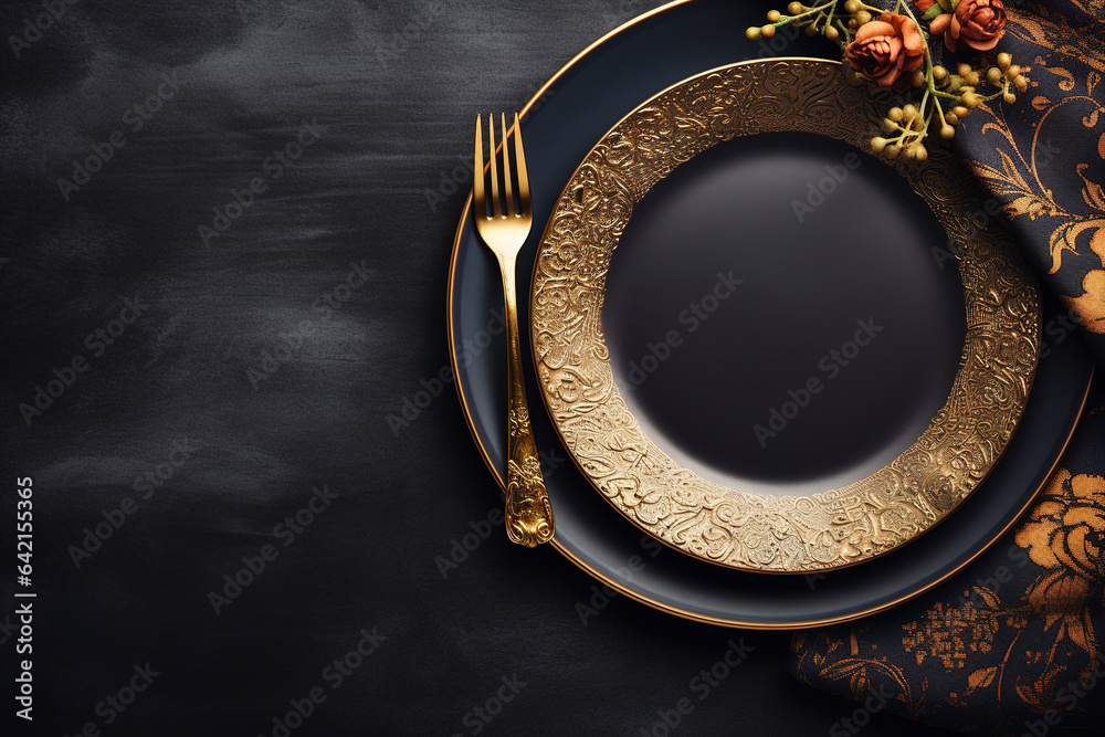 Golden cutlery on black background. Black empty ceramic plate with golden fork. Fashionable and luxury eating. Flat-lay, top view. Copy space for your text. - obrazy, fototapety, plakaty 