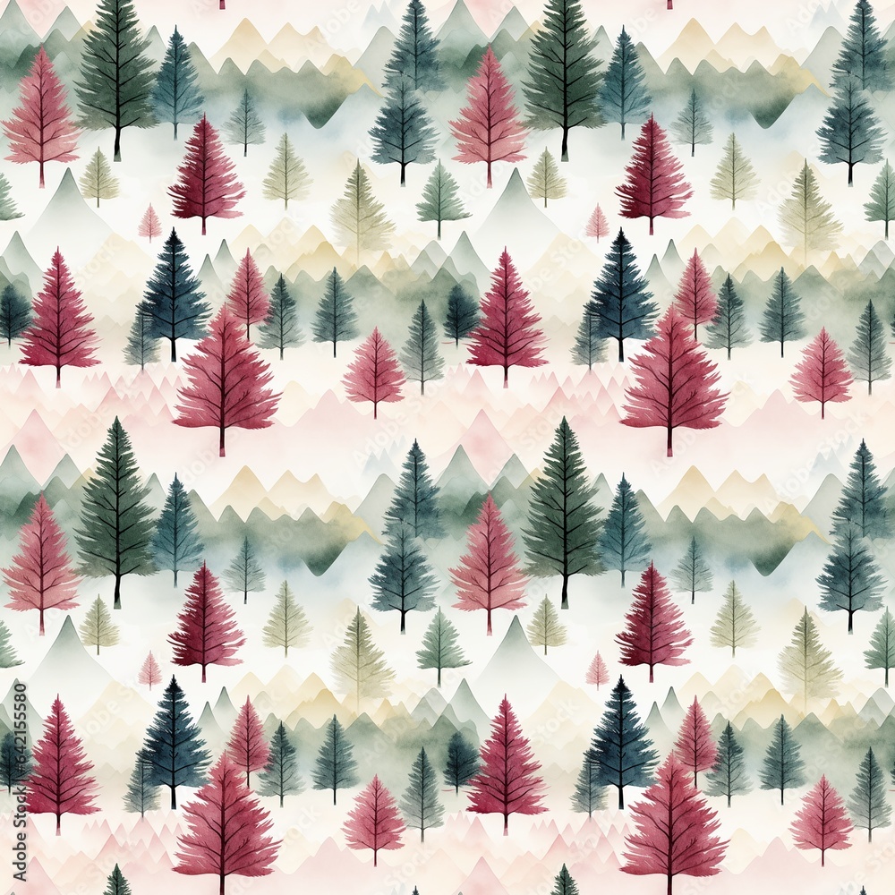 seamless pattern of watercolor trees and mountains in Scandinavian style