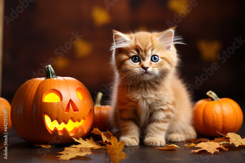 cute fluffy ginger kitten sitting next to halloween pumpkin © Маргарита Вайс